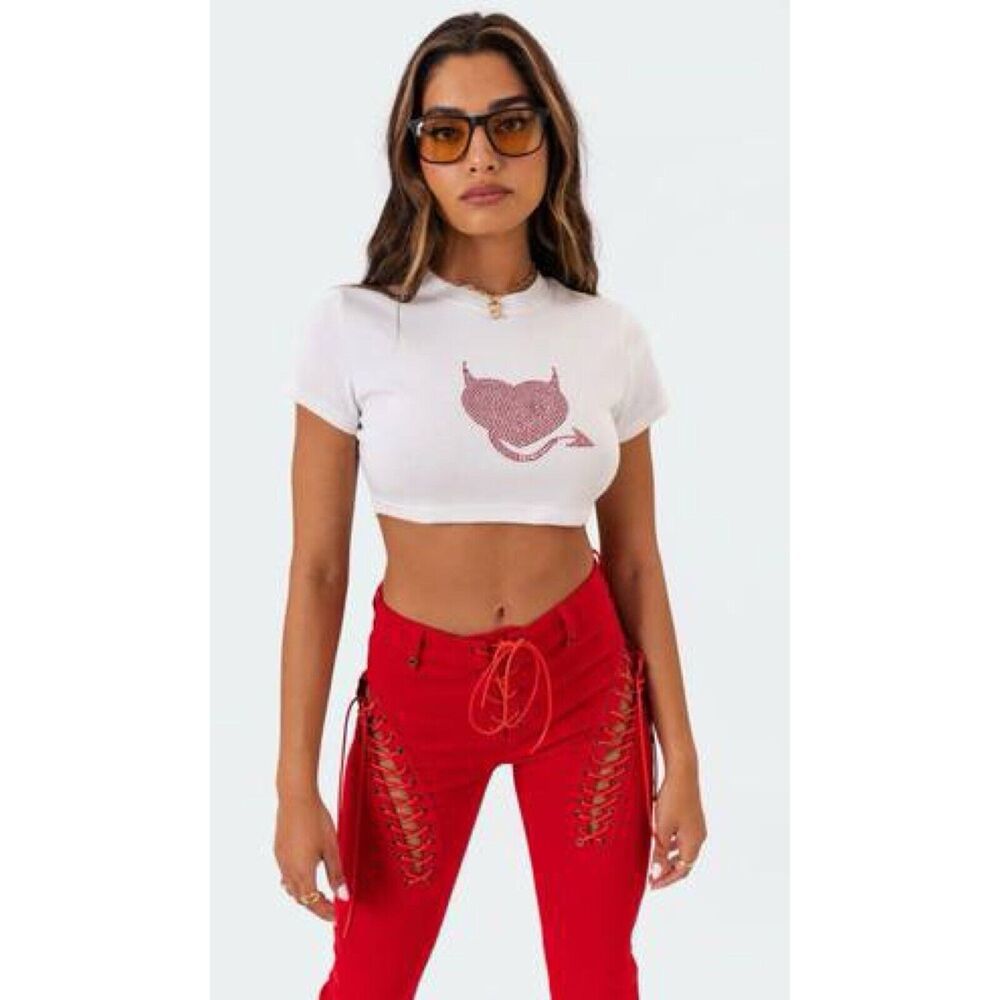 Edikted Crop Shirt White Short Sleeve Heart Design, Size XS